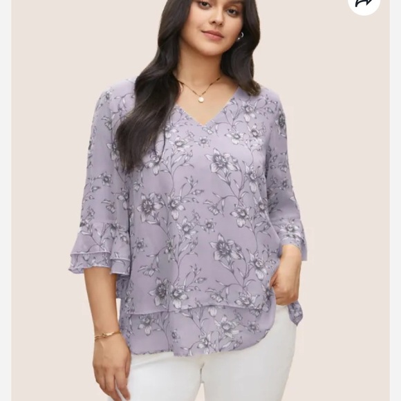 BloomChic Plus Size Daffodils Print Tiered Ruffle Sleeve Mesh Blouse - Picture 1 of 5